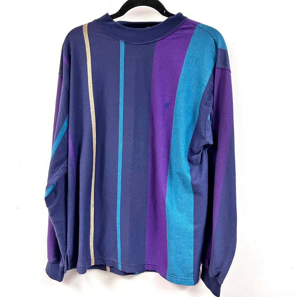 Men's Knights of Round Table Mock Neck Long Sleeve Striped Tee 90's LG
